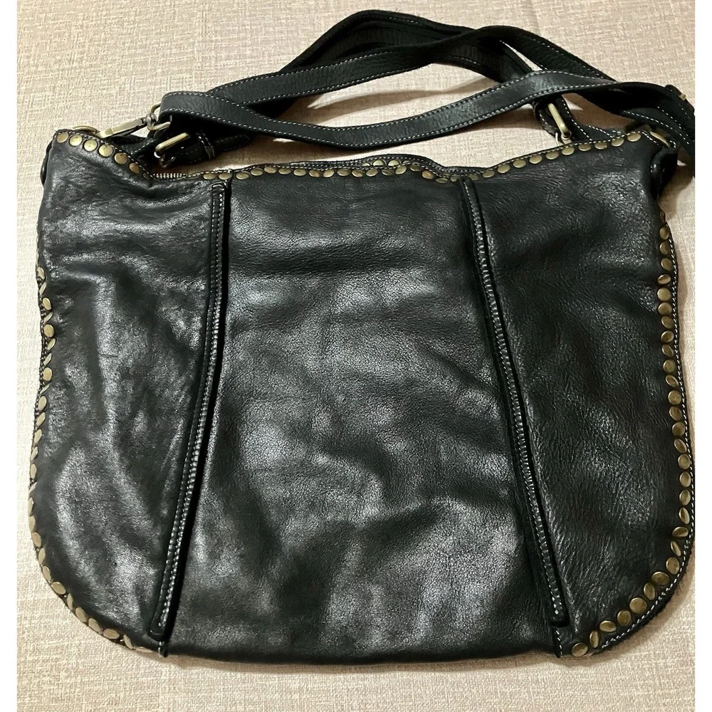 Bolsa Nova Anna Hobo Italian Black Washed Supple Leather Studded Shoulder Bag
